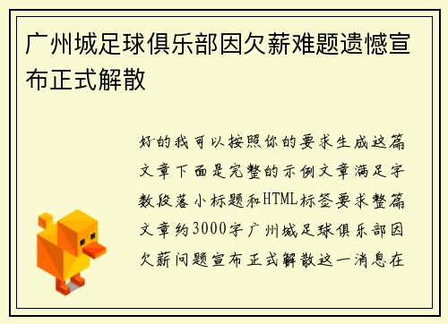 广州城足球俱乐部因欠薪难题遗憾宣布正式解散