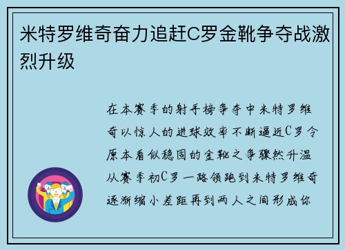 米特罗维奇奋力追赶C罗金靴争夺战激烈升级